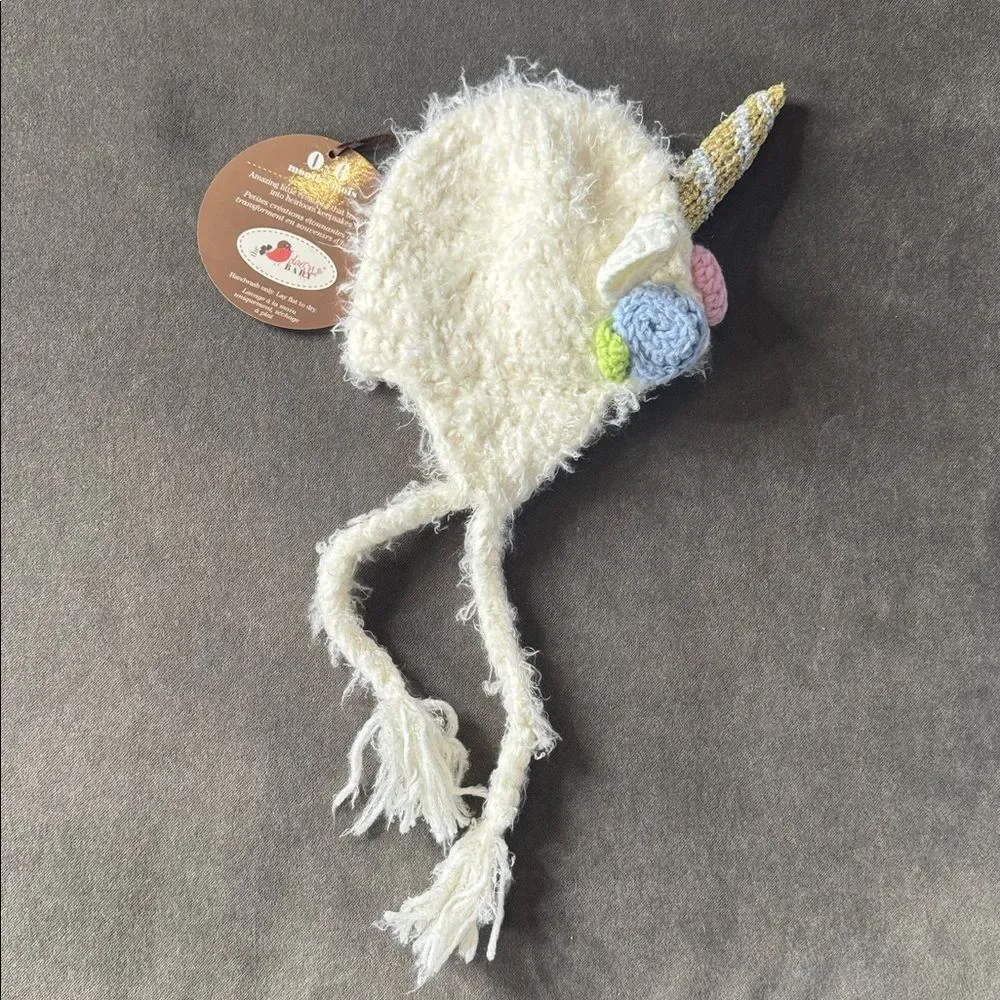 Daisy Baby Girls Infant Unicorn Beanie Hat White with Flowers 0-6 month NWT